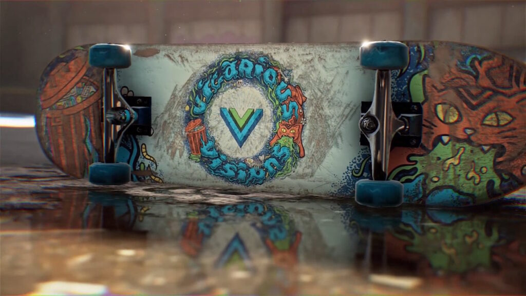 an image showing vicarious visions as an art design on the bottom of a skateboard