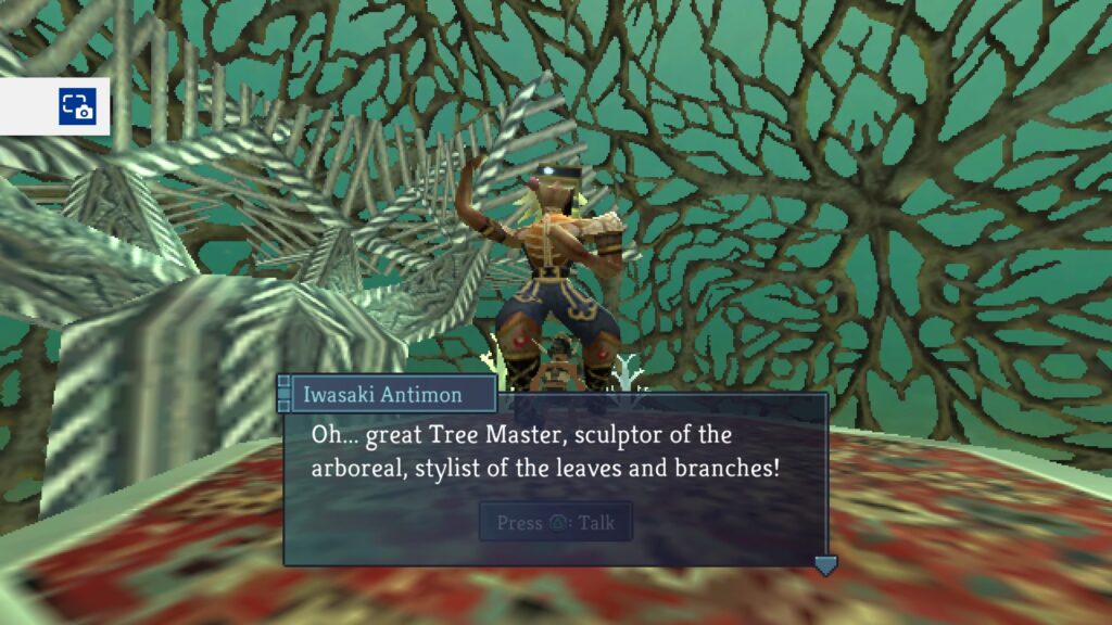 Nova Talking to Iwasaki Antimon saying "oh... great Tree Master, sculptor of the arboreal, stylist of the leaves and branches"