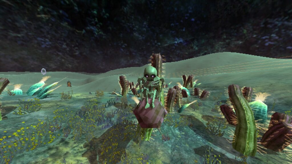 Skeleton perched on a cactus in a desert theme.