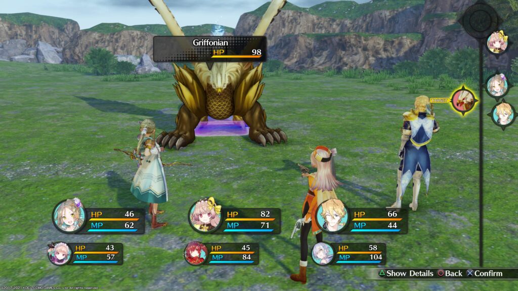 The protagonists and allies fighting a monster in grassy fields.