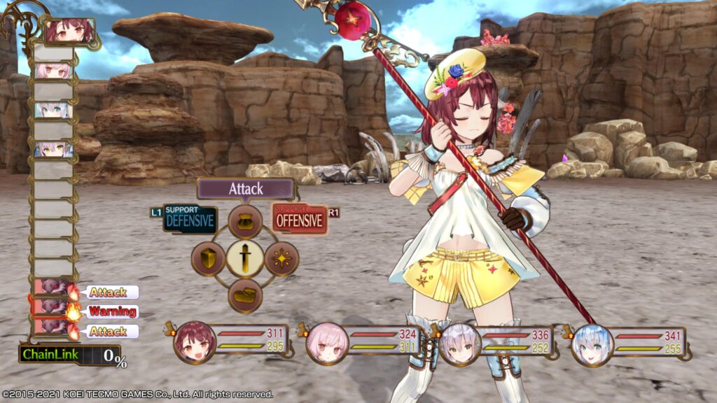 Sophie stands ready to fight in rocky surroundings.