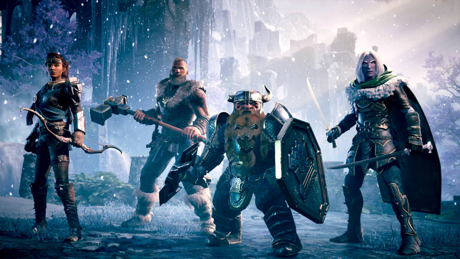 The four main characters stand side by side against a frozen background