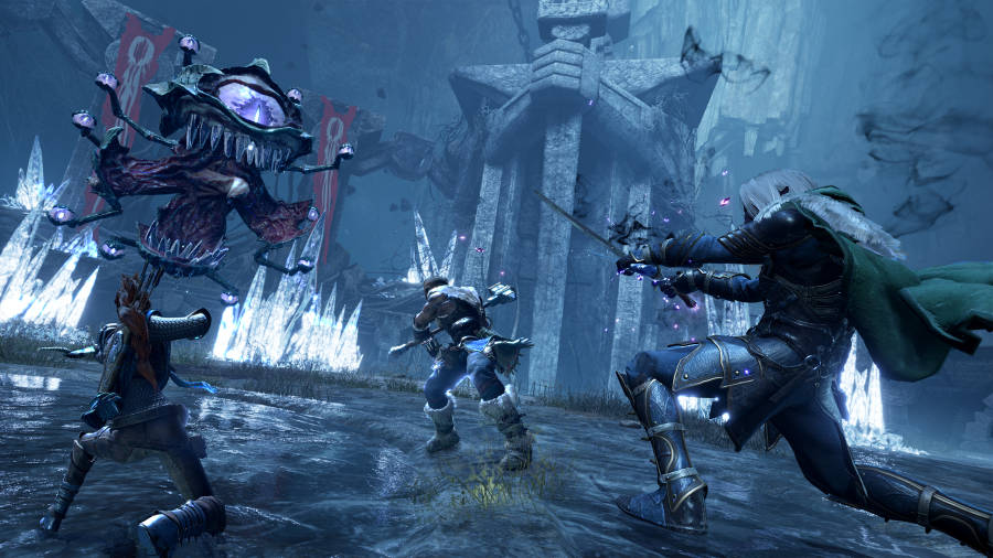 Three party members are about to attack a large Beholder (an evil creature that looks like a giant head with many eyes) in a crystal covered arena.