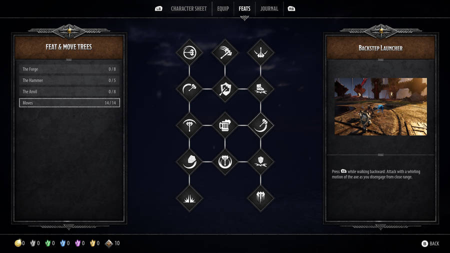 A menu is shown displaying a branching tree of icons representing new moves for the player.