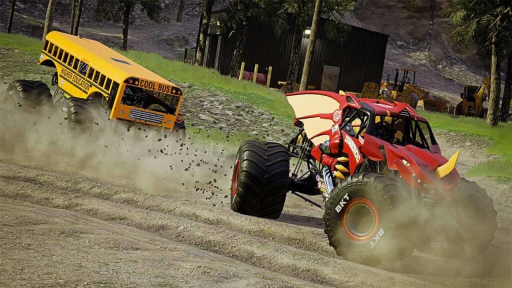 Monster Jam Steel Titans 2 definitely offers a unique selection of trucks. School bus tailing behind a red monster truck with a horn