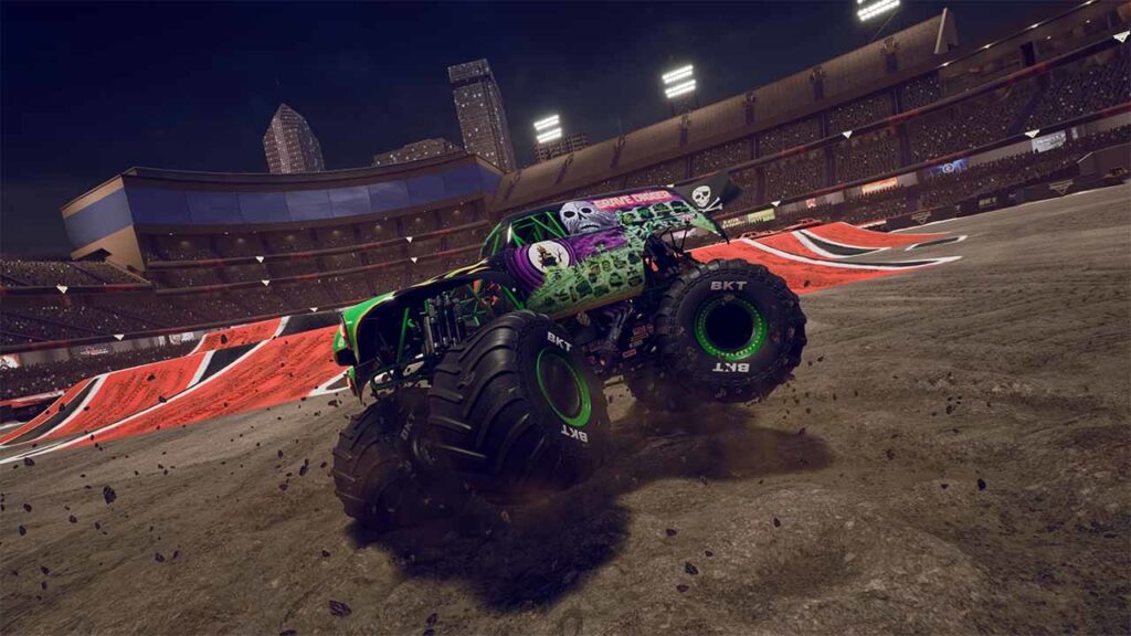 Truck pulling off tricks on two wheels