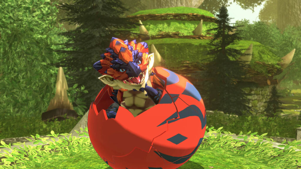 A baby Rathalos hatching out of a red and black egg with a forest background
