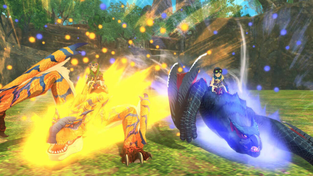 Two players ride their Monsties side by side