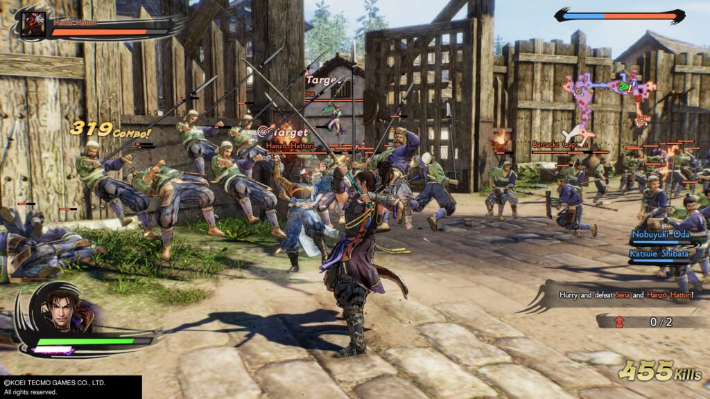 The main character slices through enemies and Hanzo
