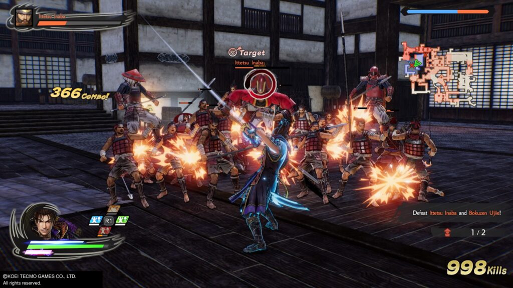 The character cutting through many enemies once again