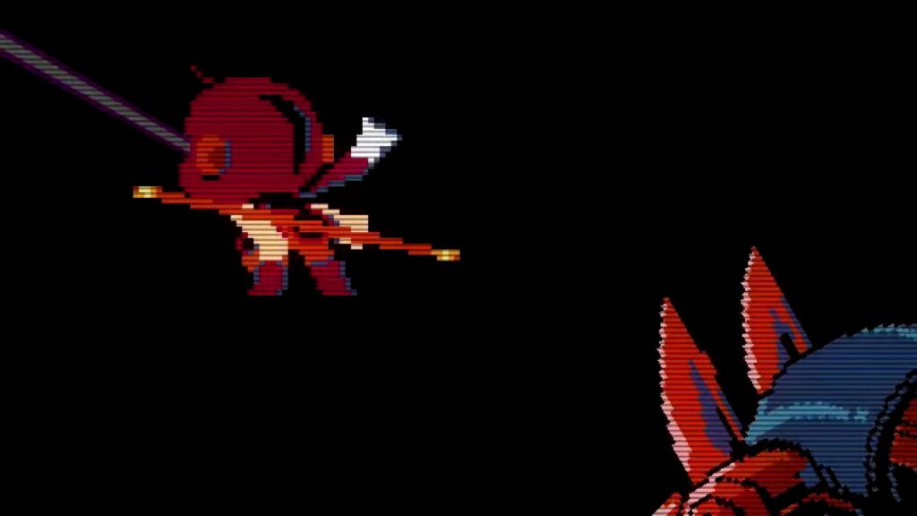 The main character is facing away from an enemy in a cinematic trailer