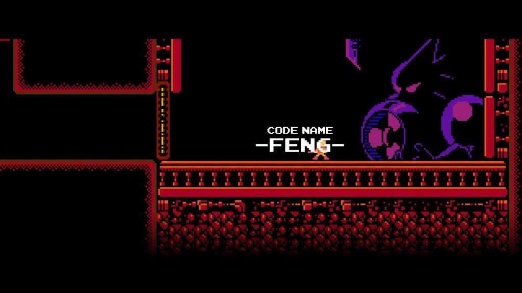 The beginning of the boss fight against FENG. There is text that reads "code name feng" with a purple and pink robot in the left corner, away from the character.