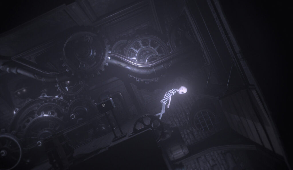 Intertwined cogs in the background and a male character walking over a corner between a wall and the floor