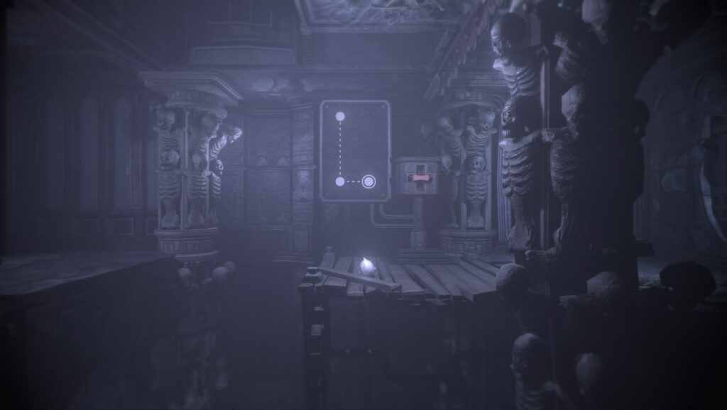 Skeletons in the background and foreground, a platform in the centre with a switch