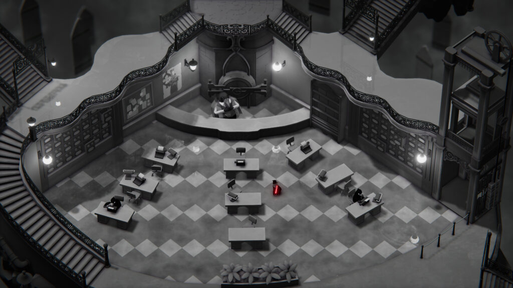 Death's Door - grey room with desks. the only source of colour is the red sword on the crow