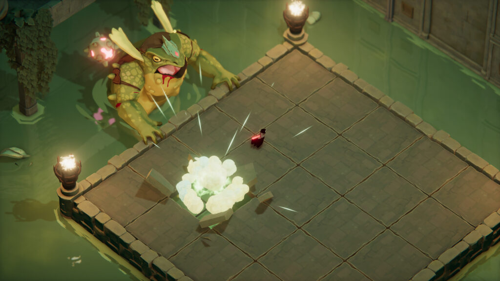 Death's Door Review. A massive reptile is facing the crow, ready to fight