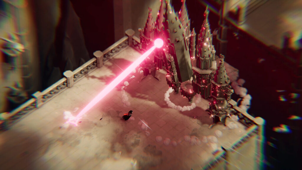 Death's Door Review a giant cathedral robot is shooting a red laser at the crow