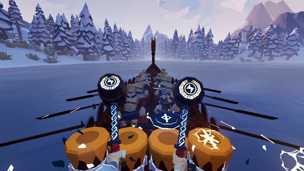 A viking boat with two hammers and a drum