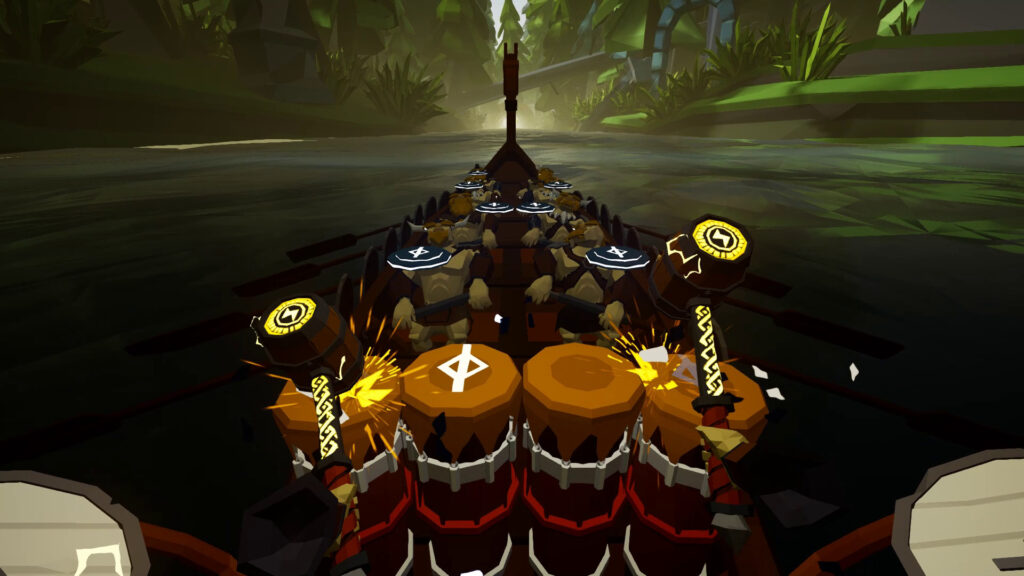 A drum filled boat through a forest river