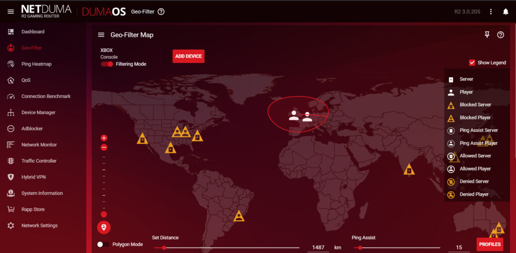 A screenshot of the Geo-Filter for the Netduma R2 blocking servers and players