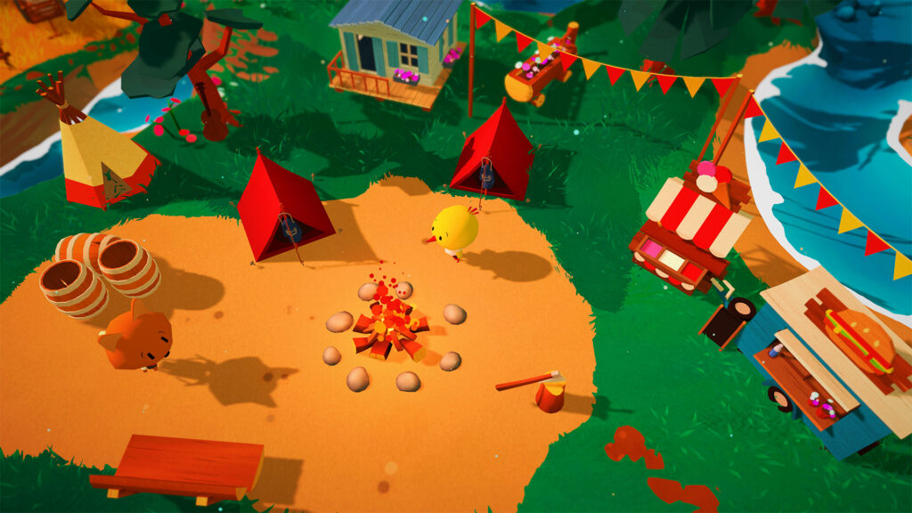 Flint stands in a campsite with tents, a bench, a campfire, food stands and a blue house in the background.