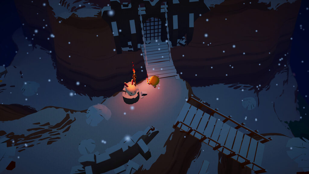 Flint with a torch next to a snowy castle at night with a white rabbit standing by the entrance.