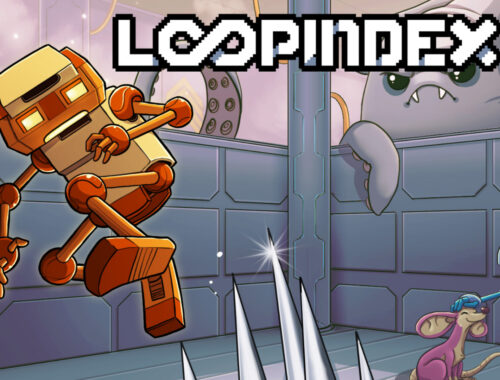 Key art for the game showing one of the game's protagonists jumping over spikes, with the game logo on display.