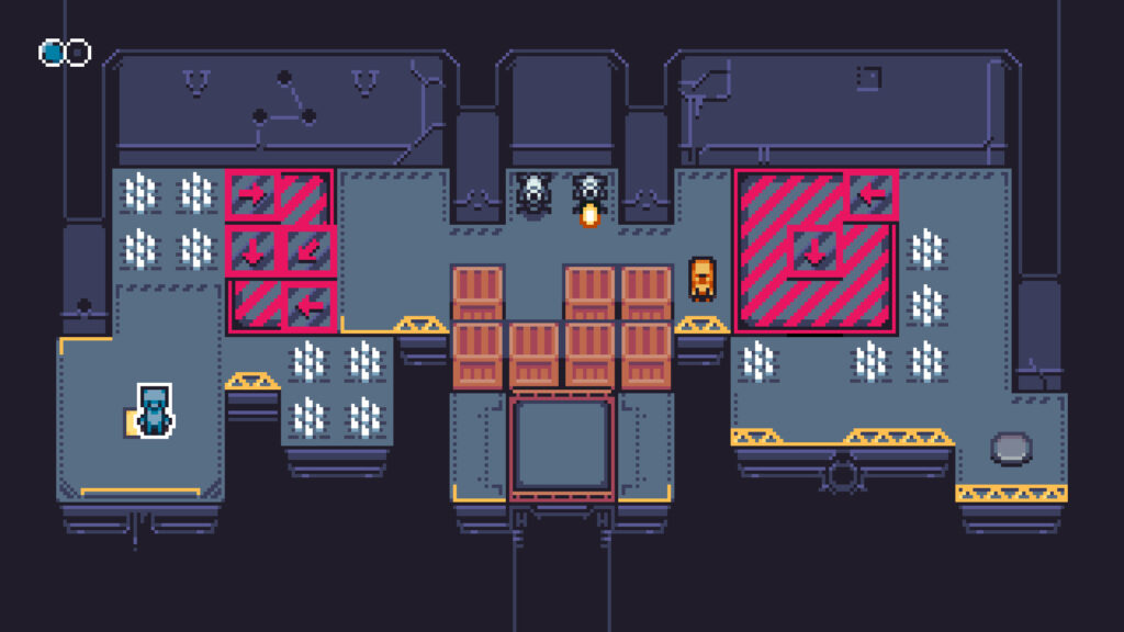 Game screenshot showing the robots working together whilst turrets blast away at boxes.