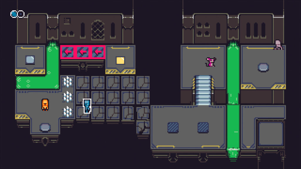 Game screenshot showing one of the robots running across crumbling platforms.