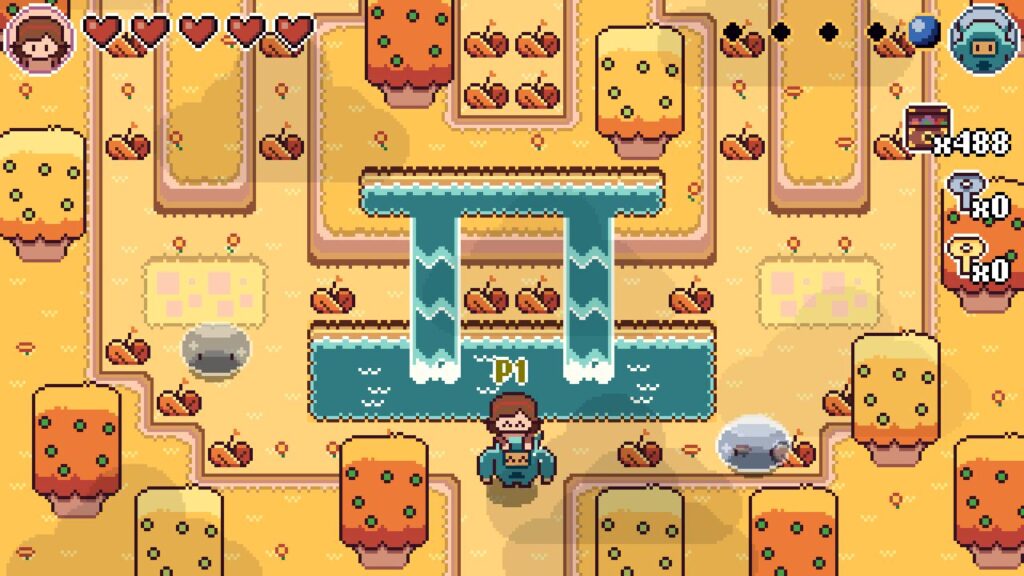 Screenshot for the game showing Mina petting Michi in front of a waterfall.