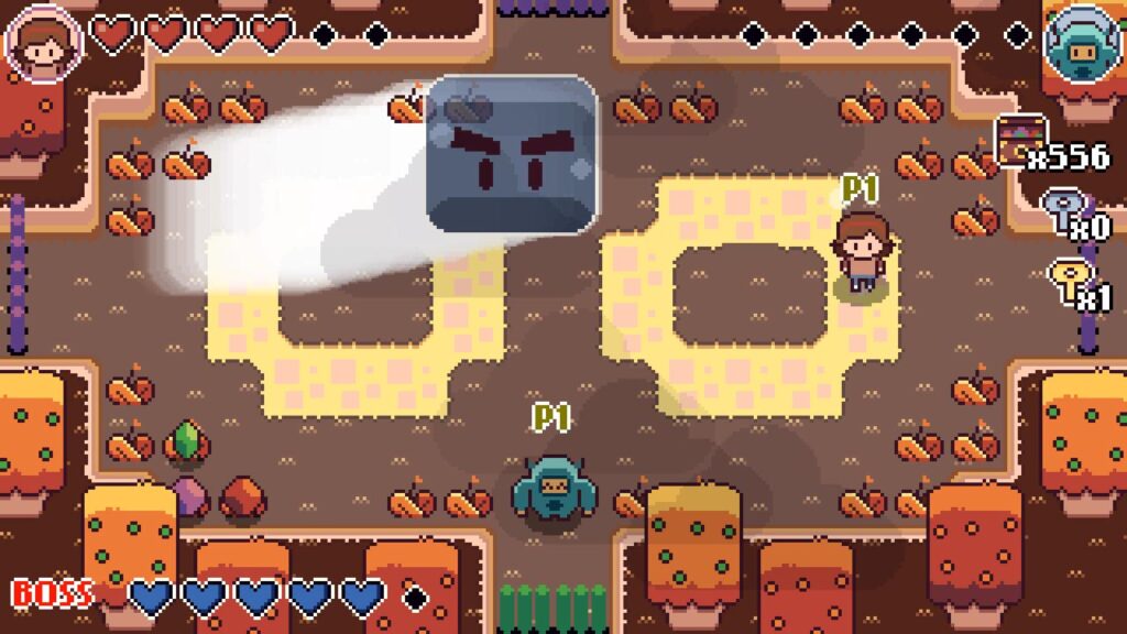 Screenshot for the game showing Mina and Michi battling against a big slime enemy with big eyebrows.