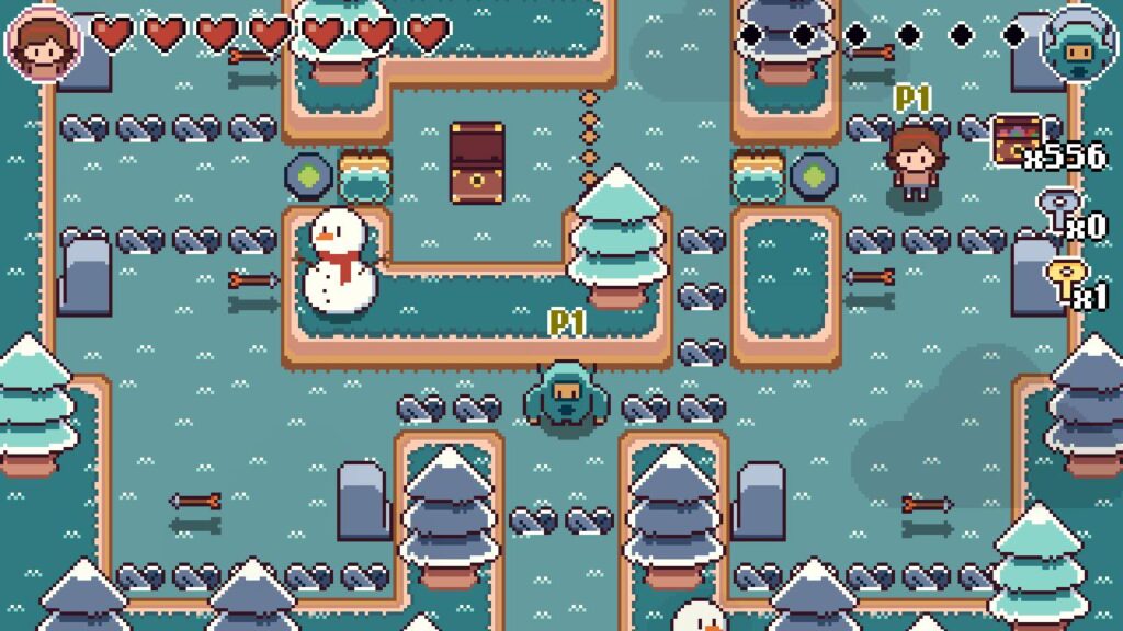 Screenshot for the game showing Mina and Michi navigating a Winter-themed area whilst avoiding arrows.