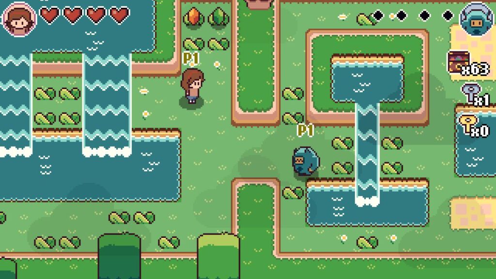 Screenshot for the game showing Mina and Michi exploring a pretty area with two waterfalls.
