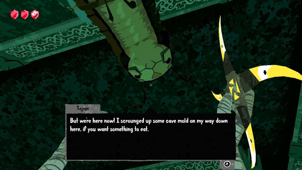 The main character in Boomerang X talking to Tepan who says "But we're here now! I scrounged up some cave mold on my way down here, if you want something to eat.