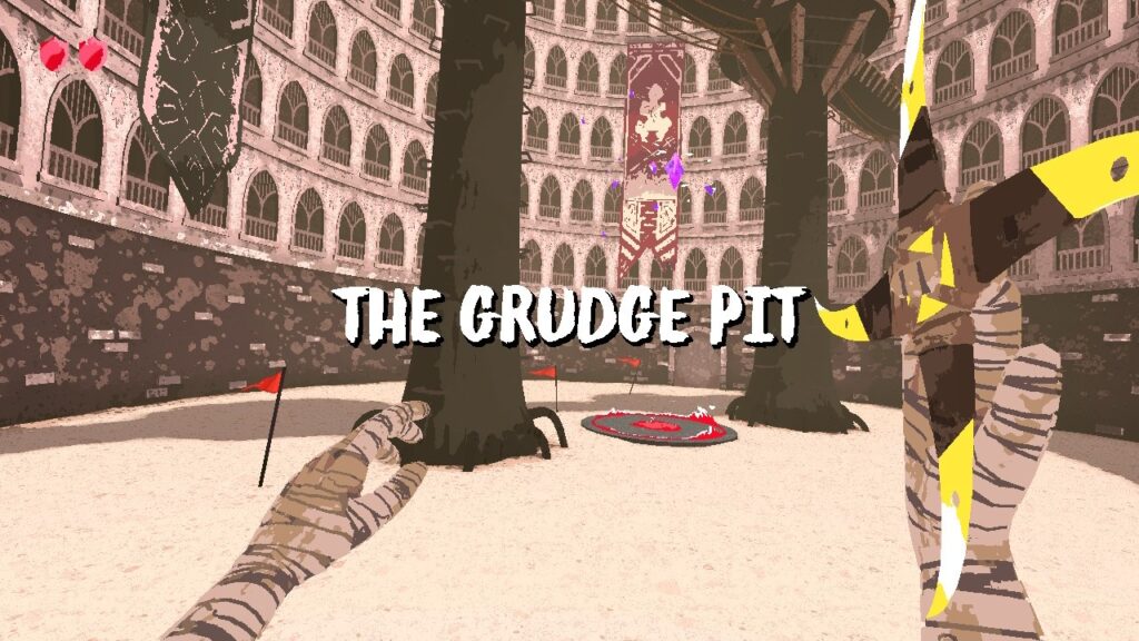 Image depicting the Grudge Pit. It is a sandy area with two trees towering above everything else.