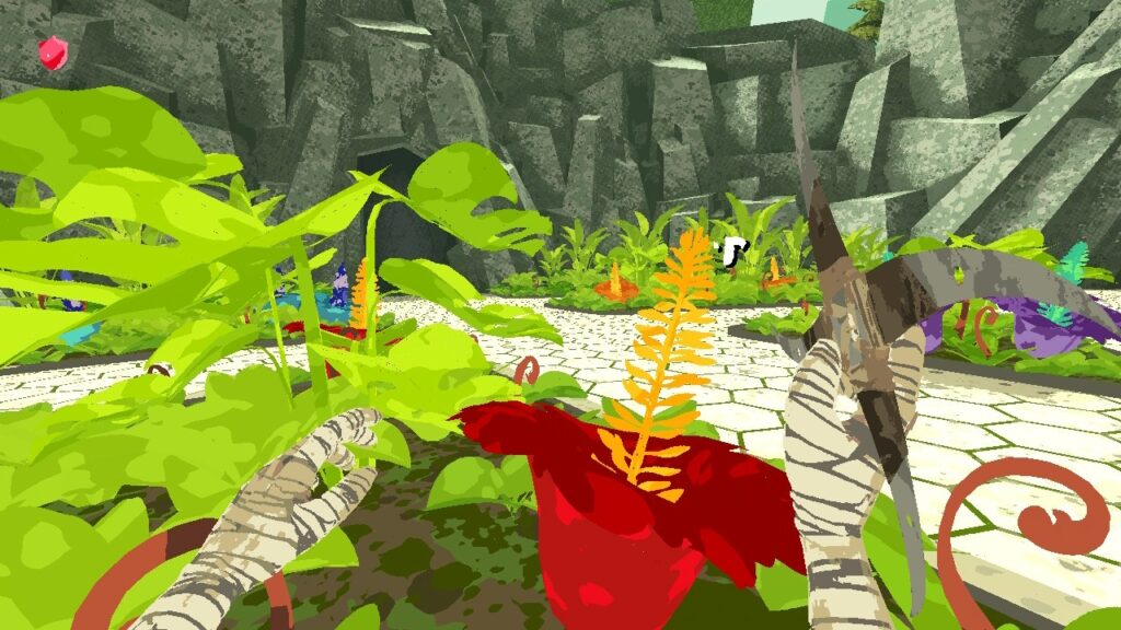 Boomerang X character facing flowers and verdant green shrubbery.