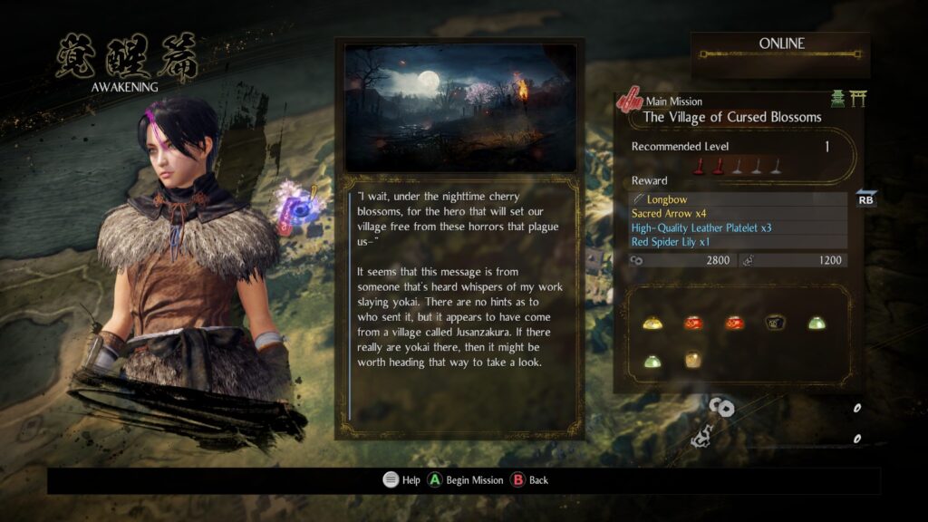 A mission description screen for the Village of Cursed Blossoms, on the left is my customised character