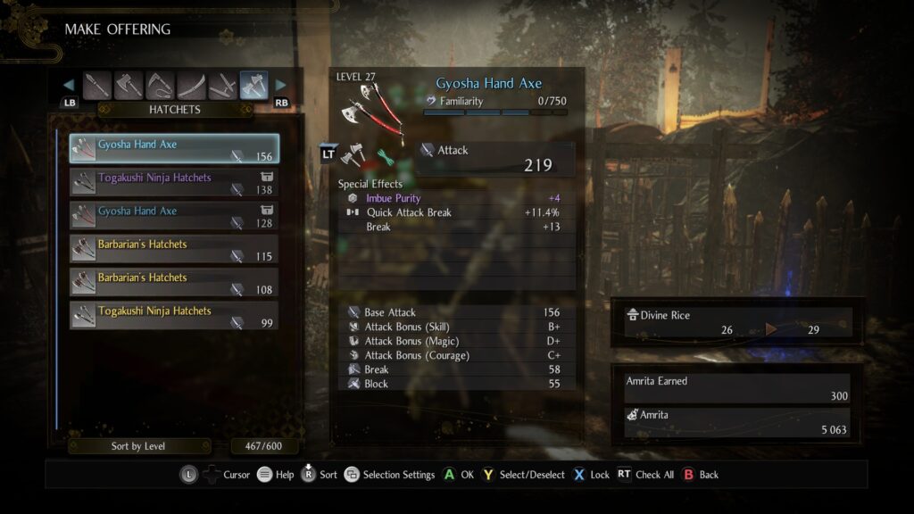 A screen showing a list of axe weapons on the left, the properties of the Gyosha Hand Axe in the middle and divine rice and amrita totals on the right