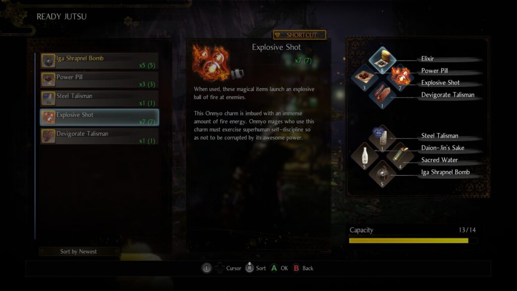 Different prepared are pictured on he left, a description of the explosive shot is in the middle and on the right are the shortcut options for usable items