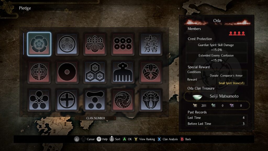 The clan selection screen
