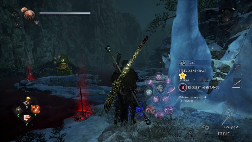 An icy landscape with a shrine in the distance, red revenant graves and in the foreground my character stands next to a benevolent grave