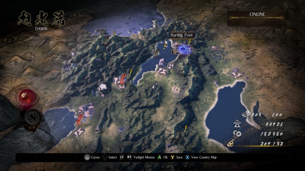 A mission map screen from the chapter 'Dawn' in Nioh 2 - the Complete Edition