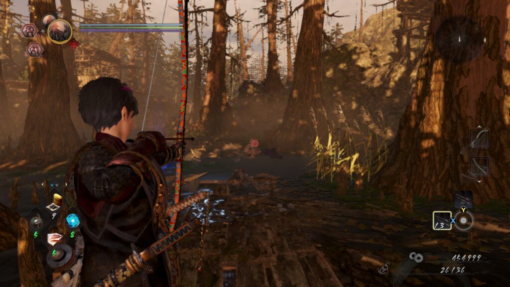 A female character aims a bow at the head of a yokai in a wooded area with marshland underfoot
