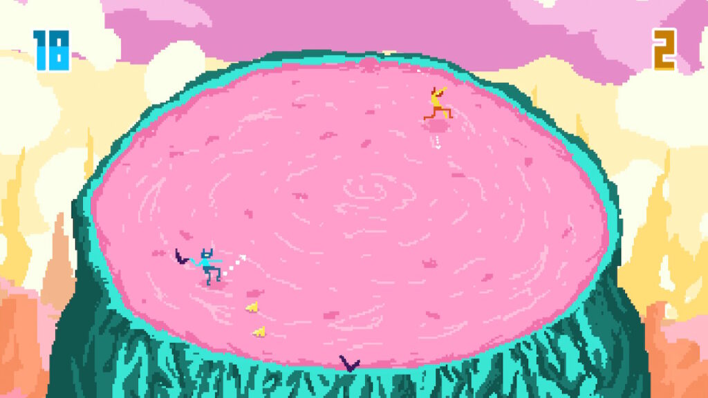 The blue creature is aiming a boomerang at the yellow creature.