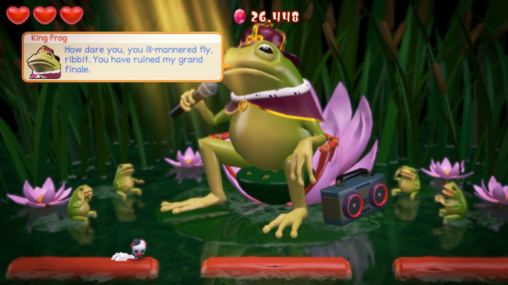 Rapper frog is scolding ayo who is standing on logs floating above the water