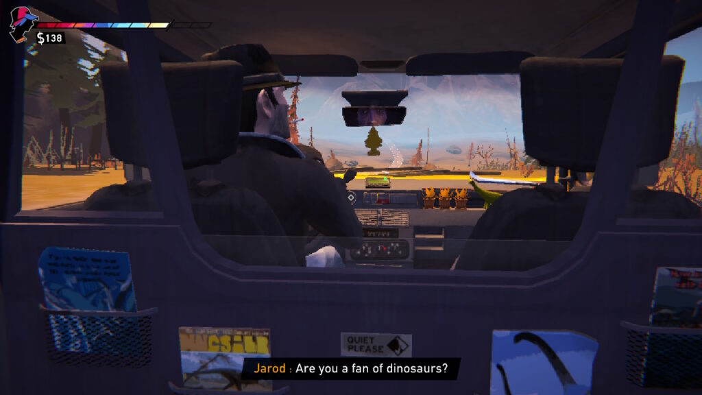 A taxi driver asks "are you a fan of dinosaurs" 
