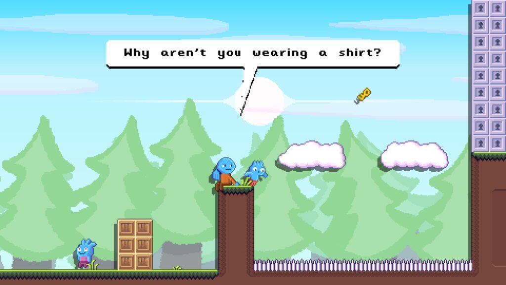 Blue characters in a forest platformer level in pixel style art work, with one asking Toodee ‘Why aren’t you wearing a shirt?’