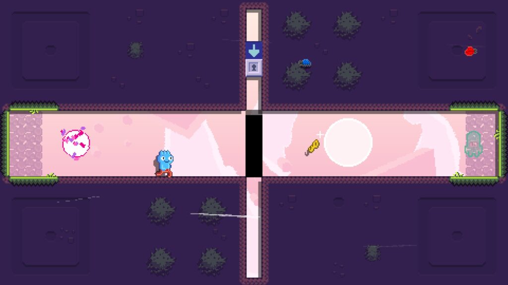 A purple platform stage with Toodee running towards a hovering key