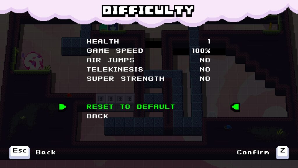 A difficulty menu featuring options to change health, game speed, air jumps, telekinesis and super strength