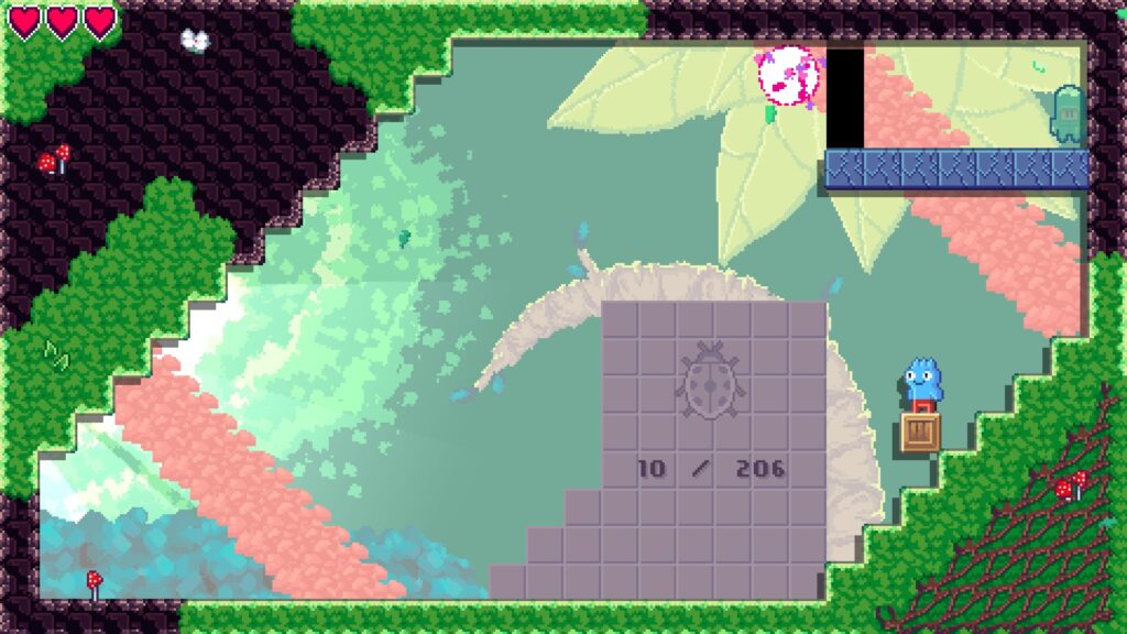 Grey blocks rise up in a grassy platform stage, with a symbol of a ladybird on them.